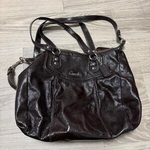 Coach Ashley Patent Leather Hobo Bag Black Silver Hardware Crossbody